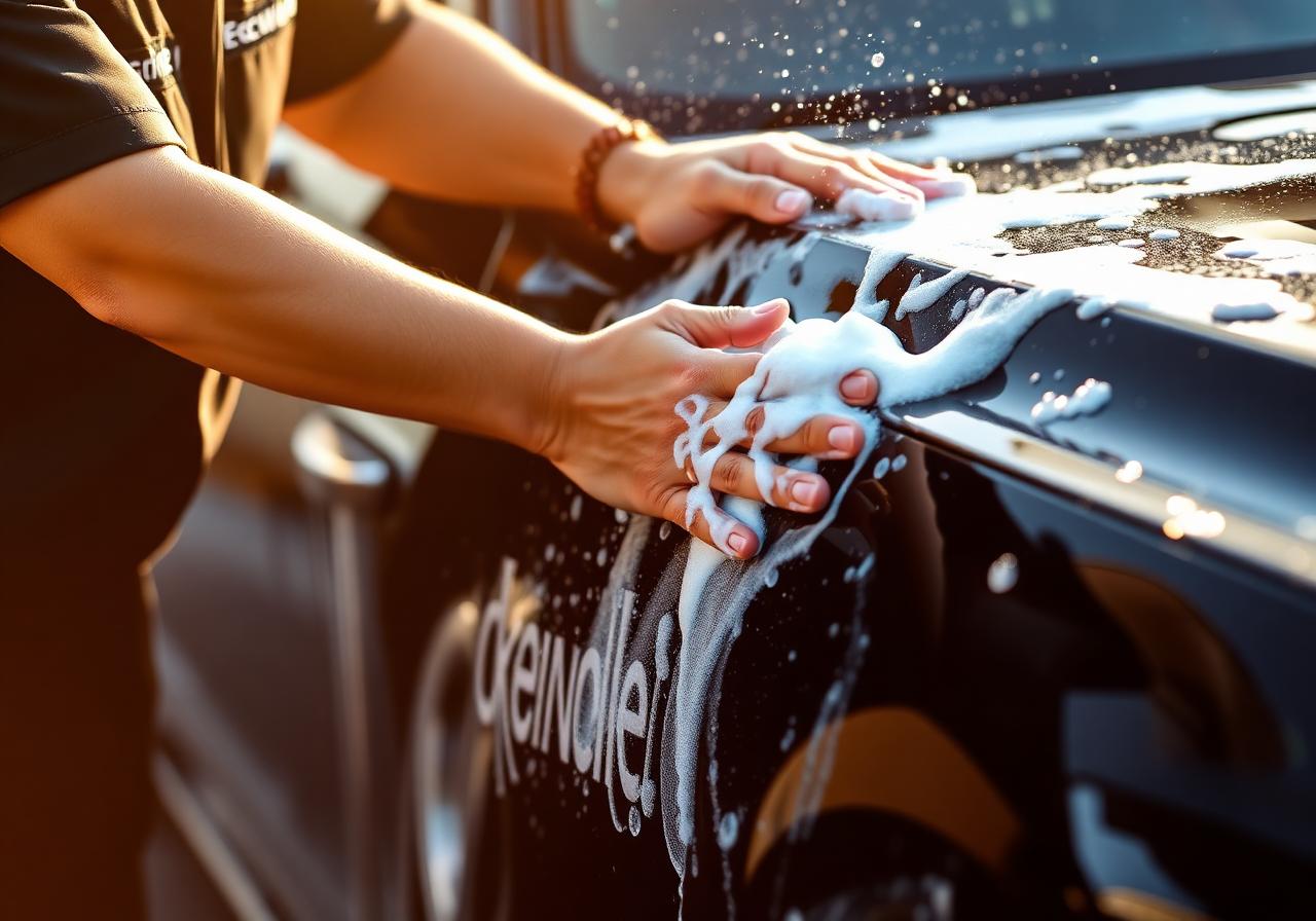 Hand washing a car with foam