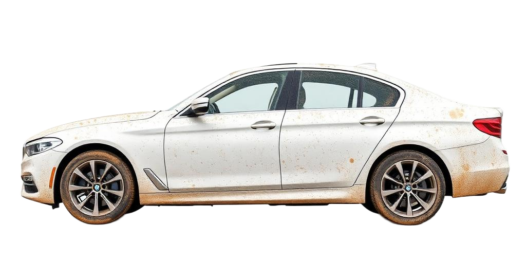 BMW Saloon before washing, covered in road grime
